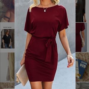 NEW! Wine red short sleeve dress with waist tie
